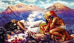 La Mujer Dormida, Iztaccihuatl, y el volcán Popocatepetl. Leyenda para el examen de naturalización mexicana